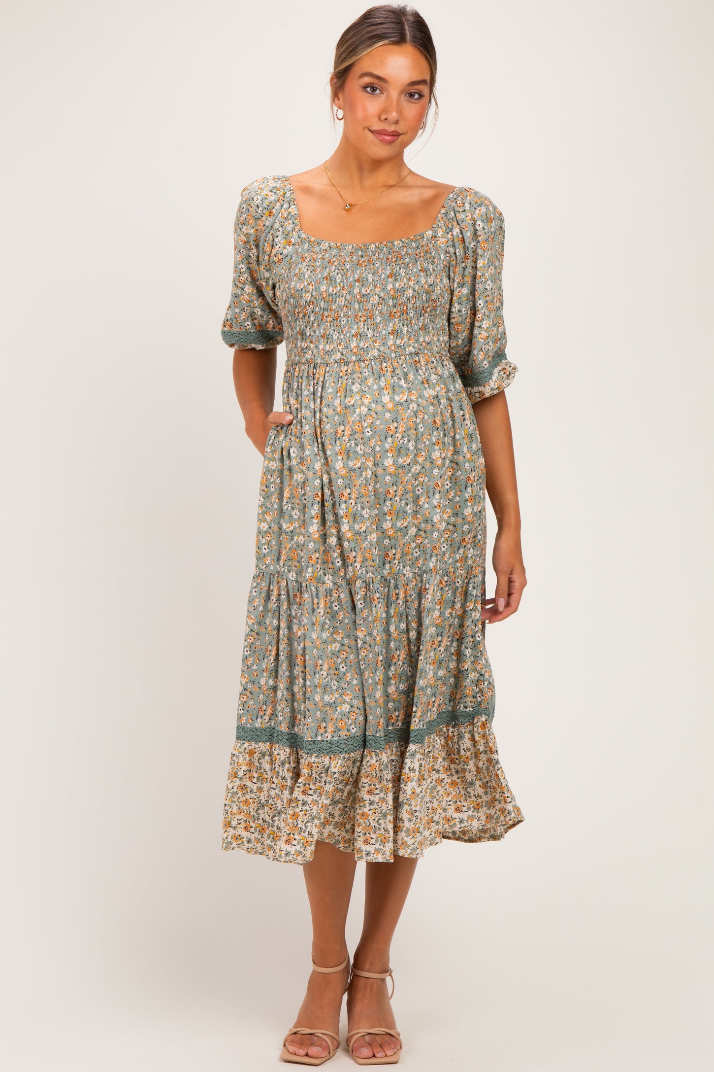 Sage Floral Lace Trim Smocked Maternity Midi Dress