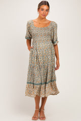 Sage Floral Lace Trim Smocked Maternity Midi Dress