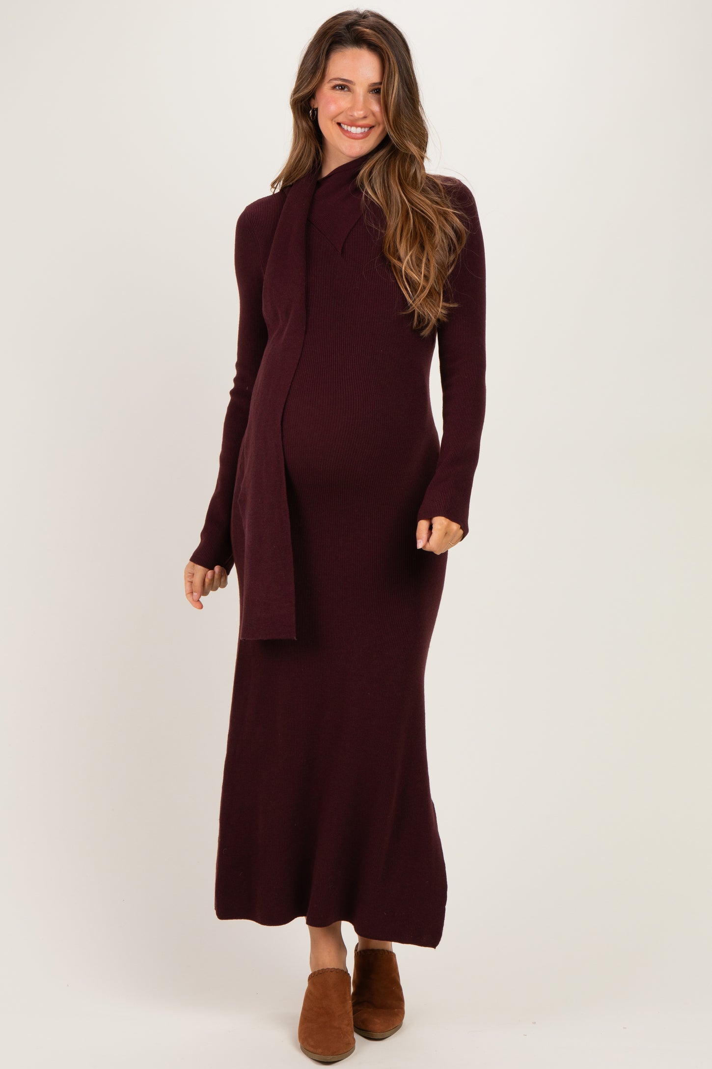 Burgundy Ribbed Knit Scarf Maternity Midi Dress