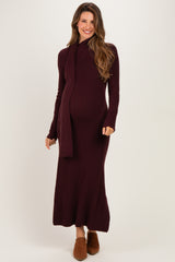 Burgundy Ribbed Knit Scarf Maternity Midi Dress