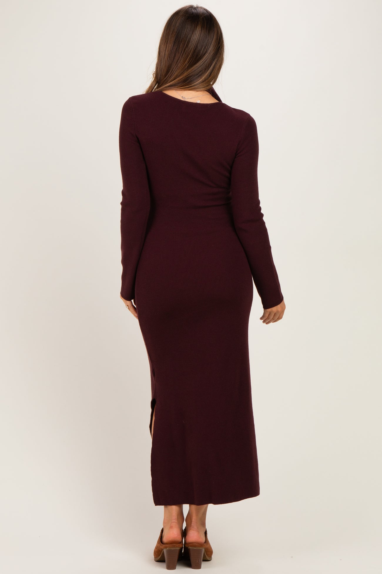 Burgundy Ribbed Knit Scarf Maternity Midi Dress