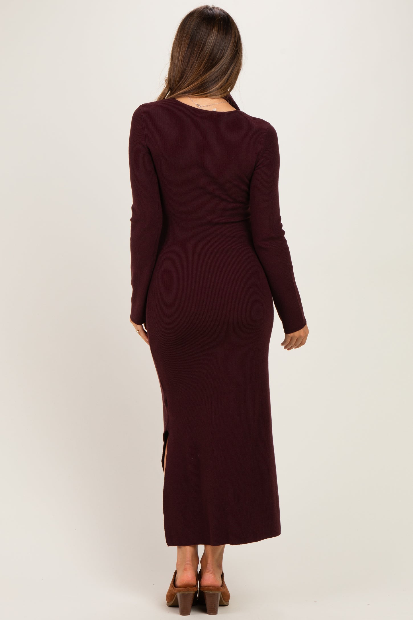 Burgundy Ribbed Knit Scarf Maternity Midi Dress