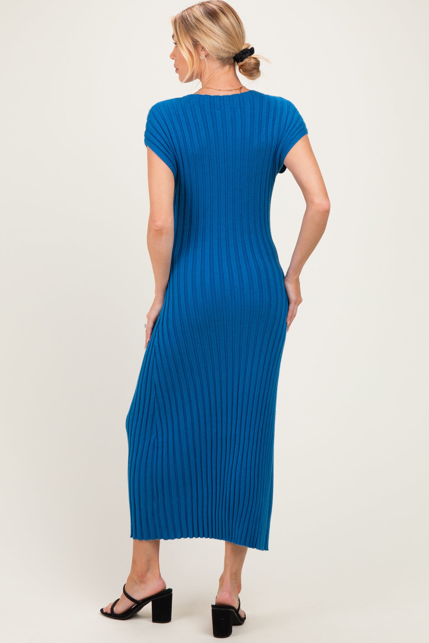 Dark Teal Wide Rib Side Slit Maternity Midi Dress