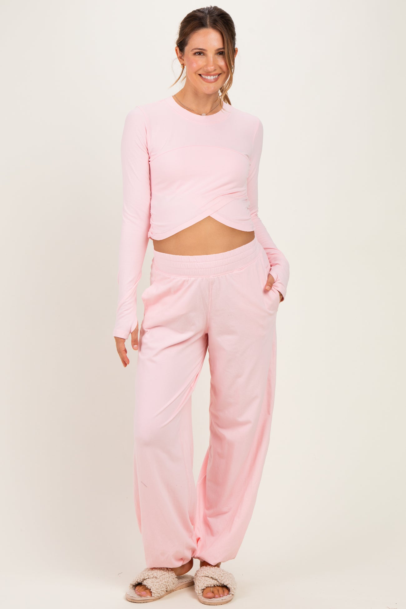 Light Pink Cropped Long Sleeve Pant Maternity Set