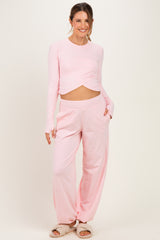 Light Pink Cropped Long Sleeve Pant Maternity Set