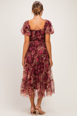 Burgundy Floral Polka Dot Tulle Maternity Midi Dress