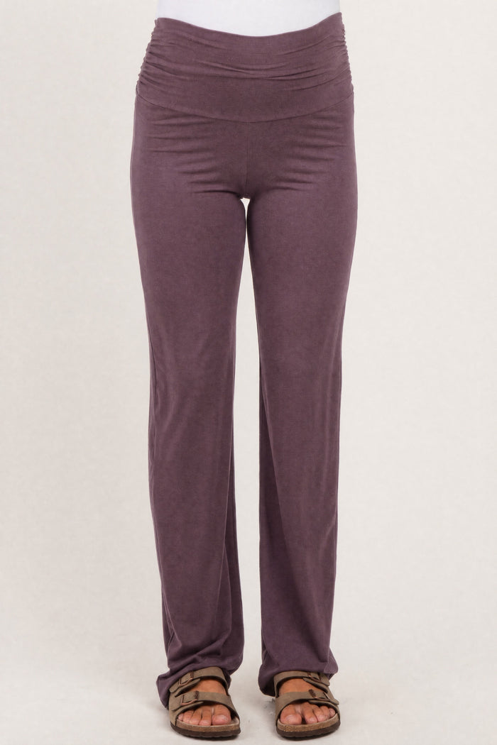 maternity wear purple stretchy wide-leg pants with a ruched waistband