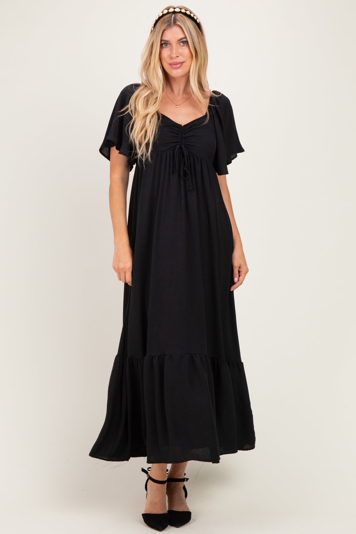 Black Flutter Sleeve Ruffle Hem Maternity Maxi Dress
