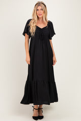 Black Flutter Sleeve Ruffle Hem Maternity Maxi Dress