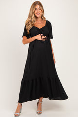 Black Flutter Sleeve Ruffle Hem Maternity Maxi Dress