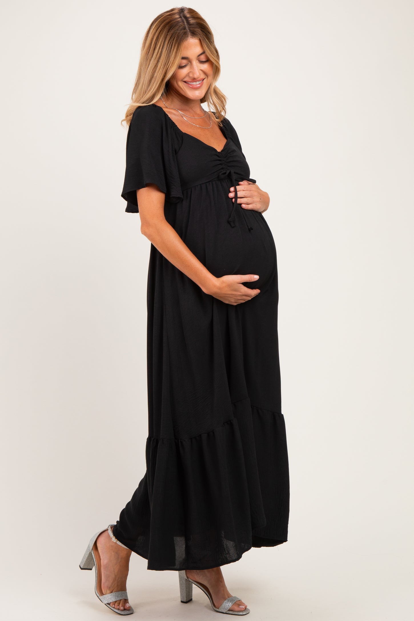 Black Flutter Sleeve Ruffle Hem Maternity Maxi Dress