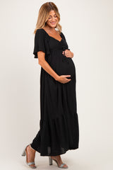 Black Flutter Sleeve Ruffle Hem Maternity Maxi Dress