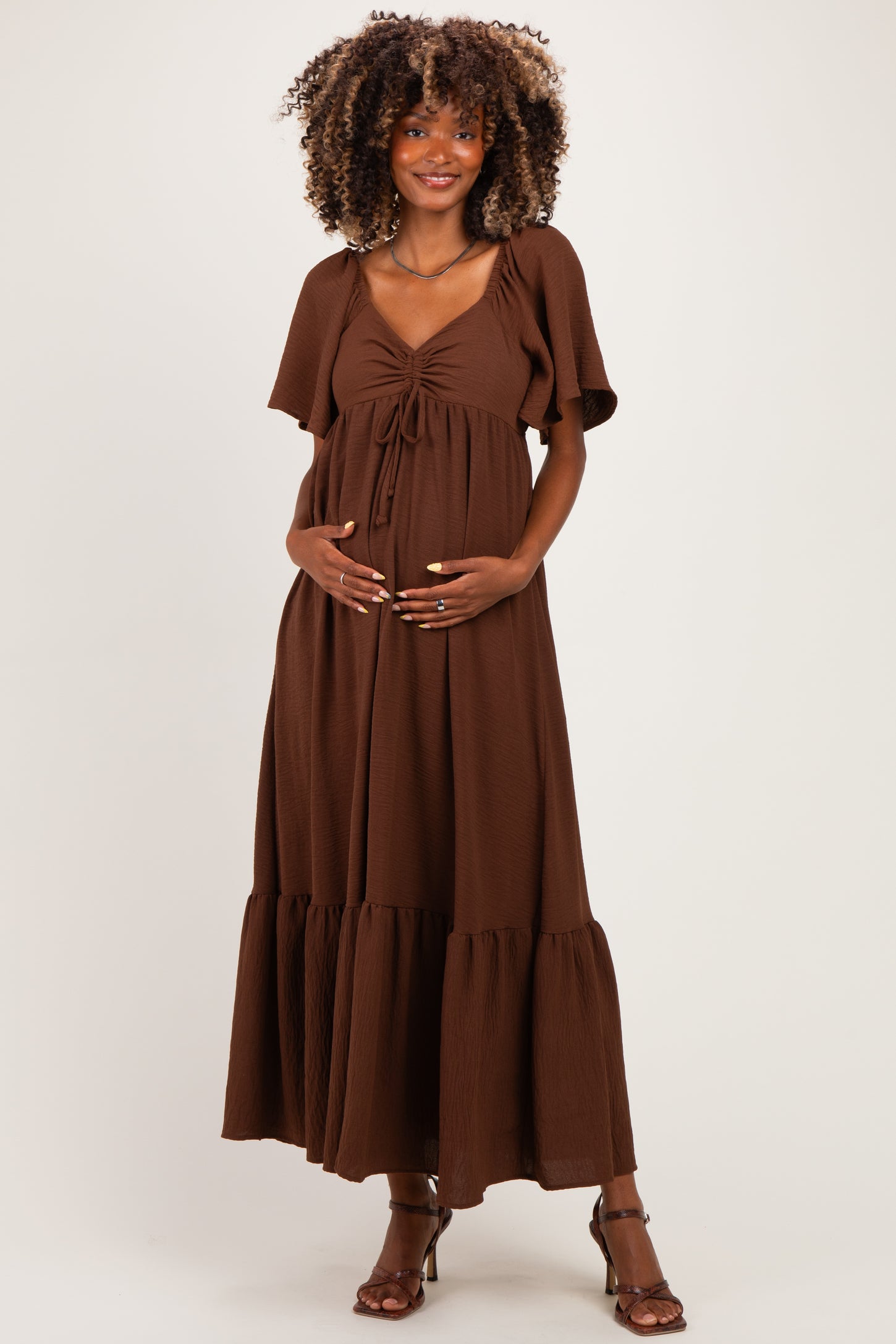 Brown Flutter Sleeve Ruffle Hem Maternity Maxi Dress