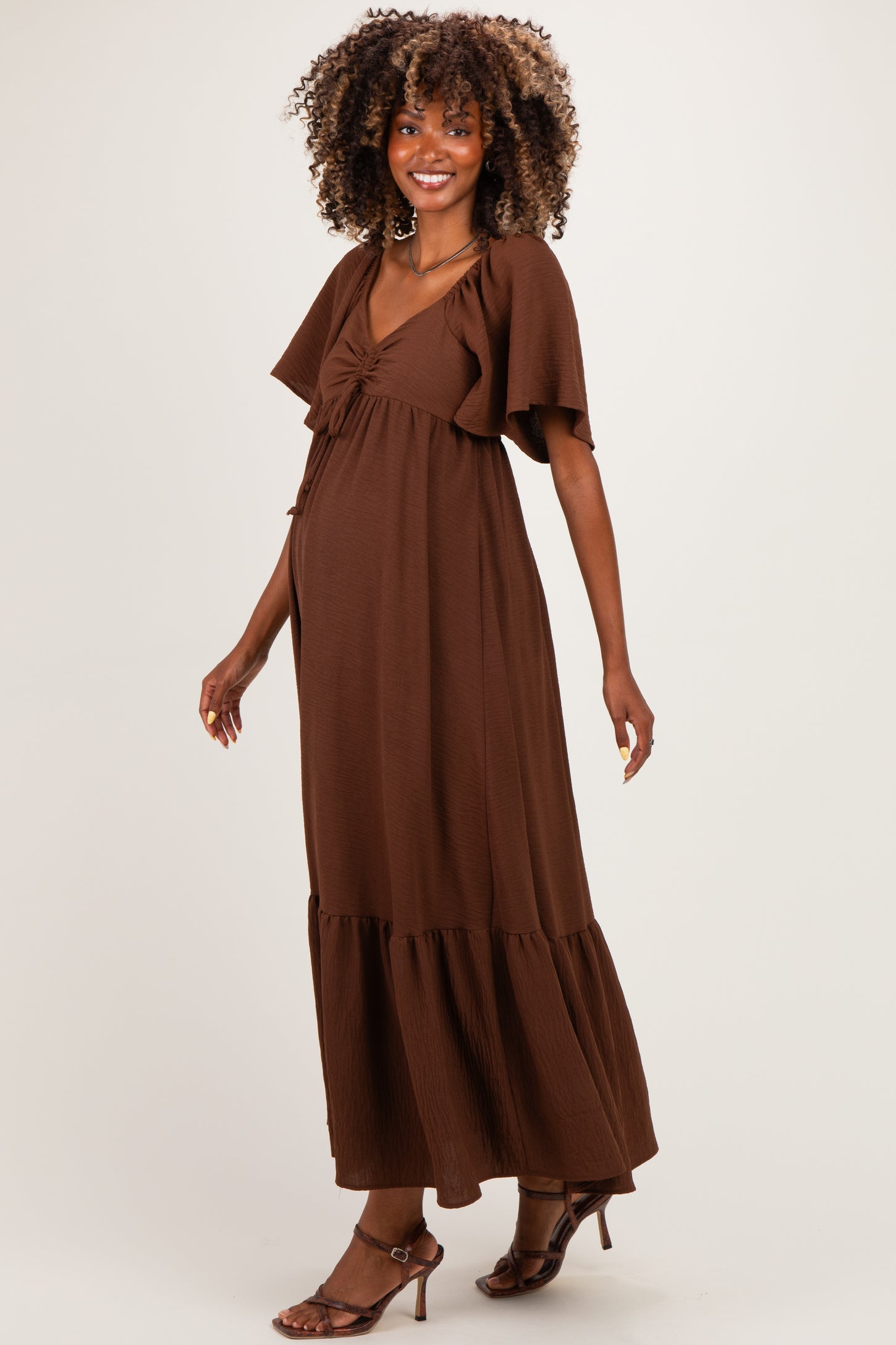 Brown Flutter Sleeve Ruffle Hem Maternity Maxi Dress
