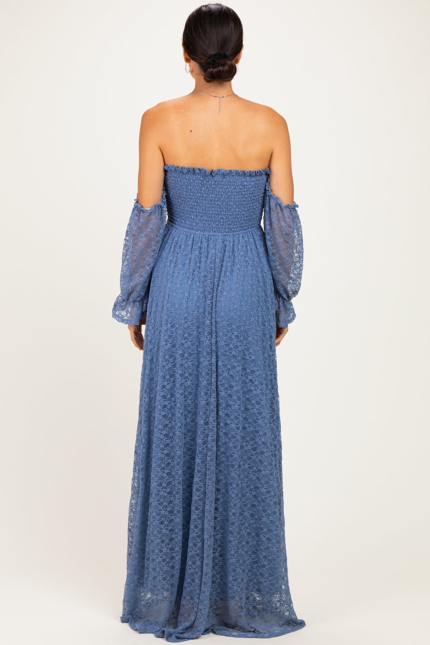 Light Blue Lace Off Shoulder Long Sleeve Dress