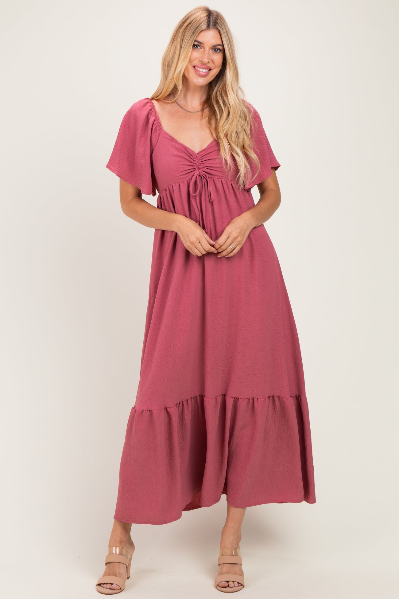 Mauve Flutter Sleeve Ruffle Hem Maternity Maxi Dress