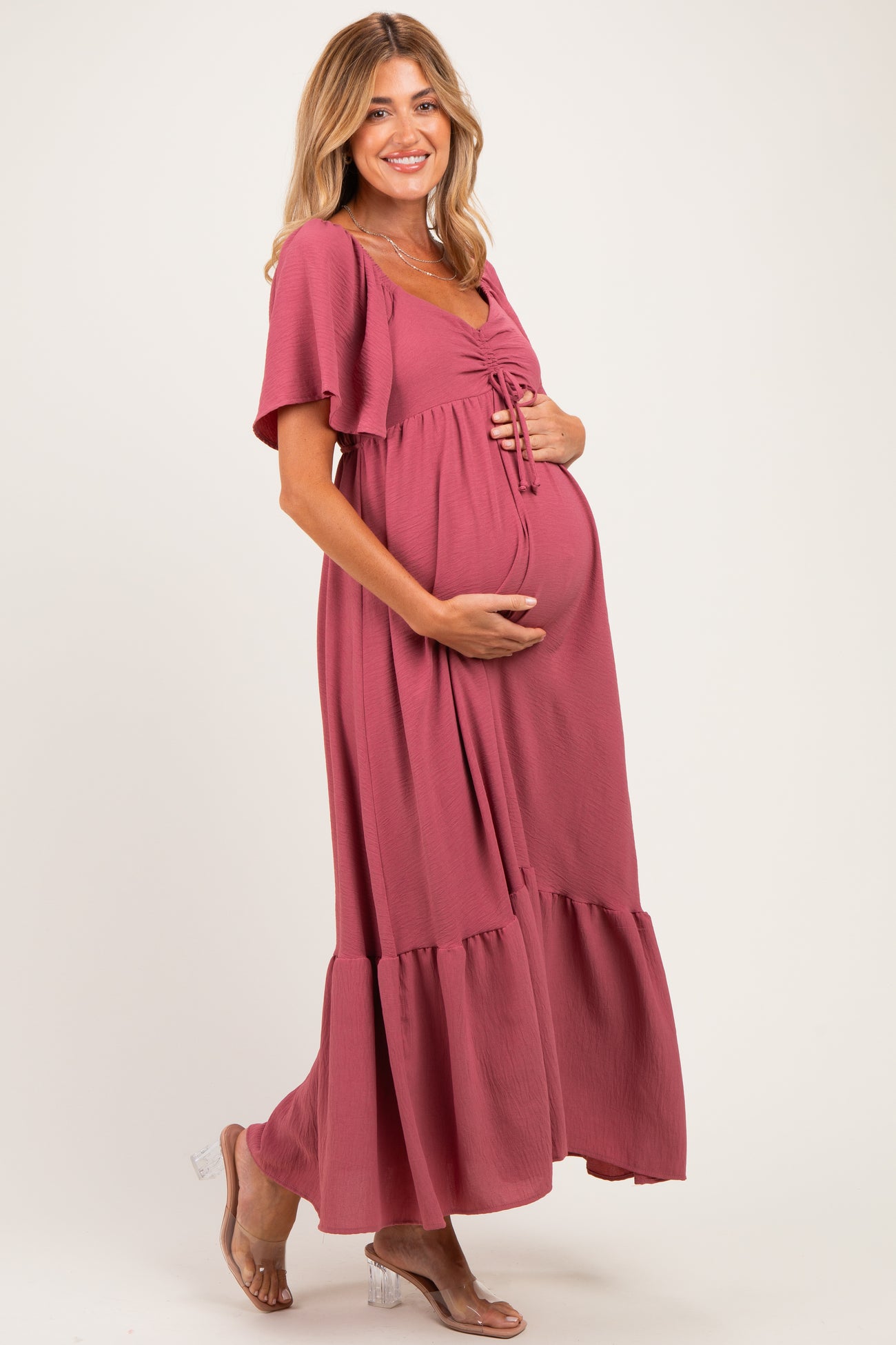 Mauve Flutter Sleeve Ruffle Hem Maternity Maxi Dress