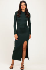 Hunter Green Mock Neck Front Slit Long Sleeve Maxi Dress