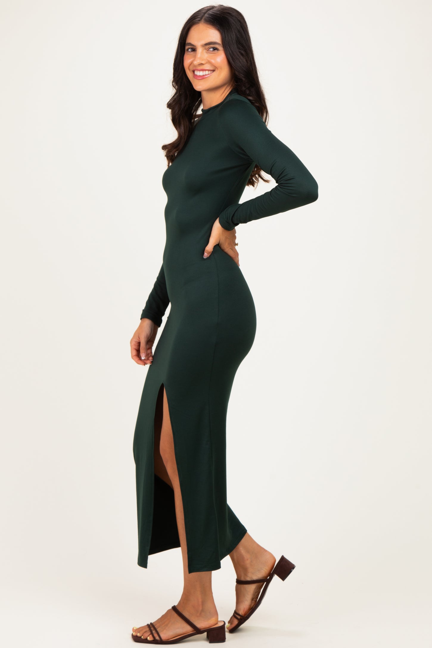 Hunter Green Mock Neck Front Slit Long Sleeve Maxi Dress
