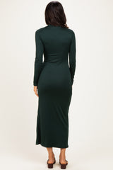 Hunter Green Mock Neck Front Slit Long Sleeve Maxi Dress