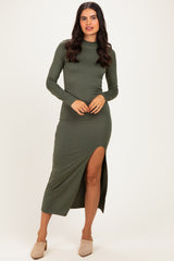 Olive Mock Neck Front Slit Long Sleeve Maternity Maxi Dress