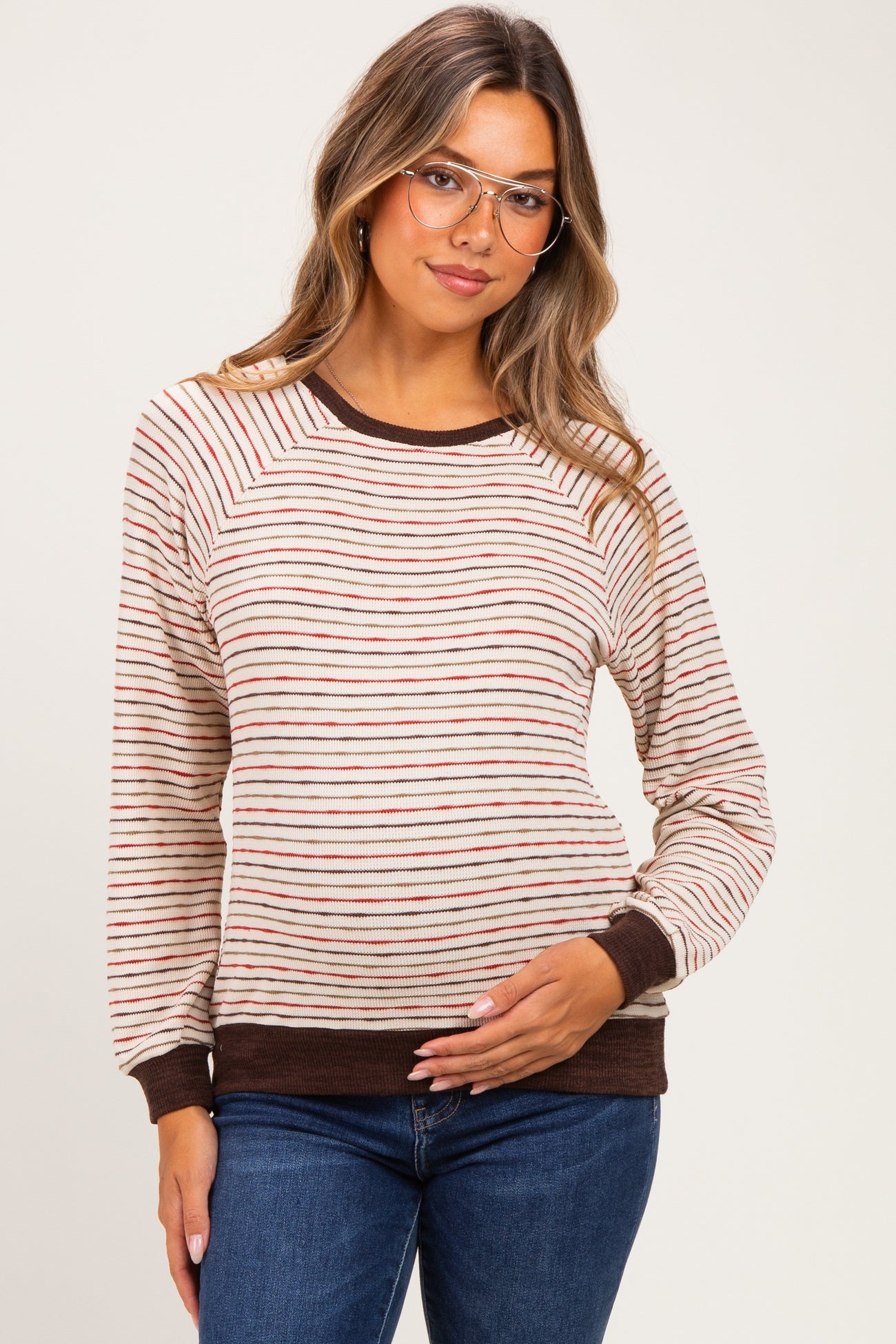 Brown Muticolor Striped Long Sleeve Maternity Top