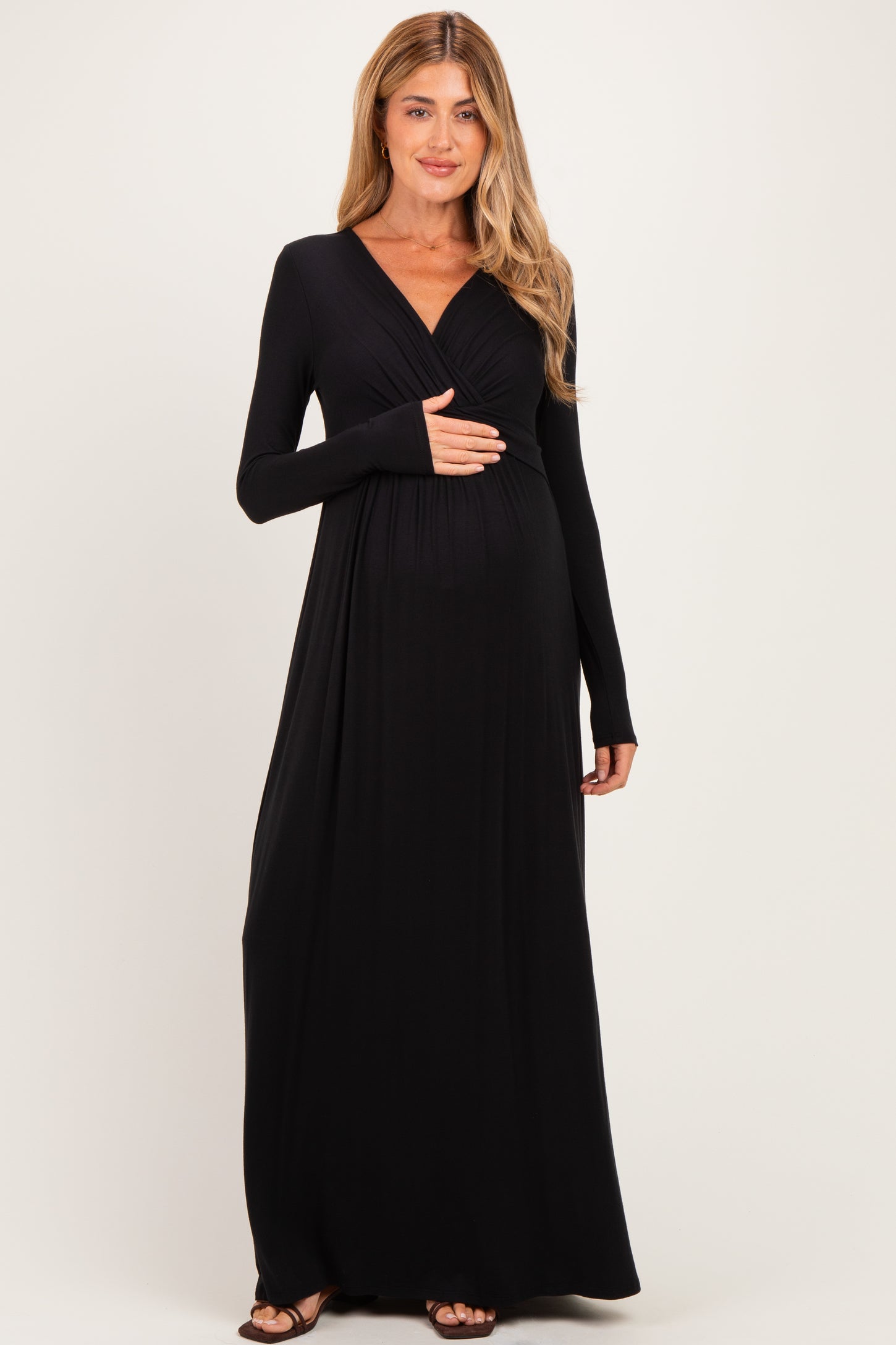 PinkBlush Black Long Sleeve Draped Maternity/Nursing Maxi Dress