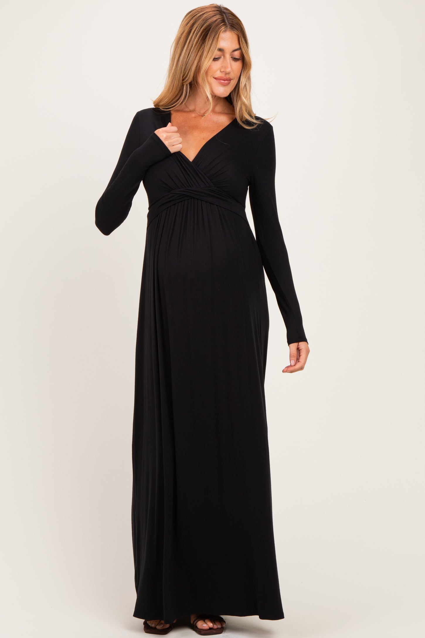 PinkBlush Black Long Sleeve Draped Maternity/Nursing Maxi Dress