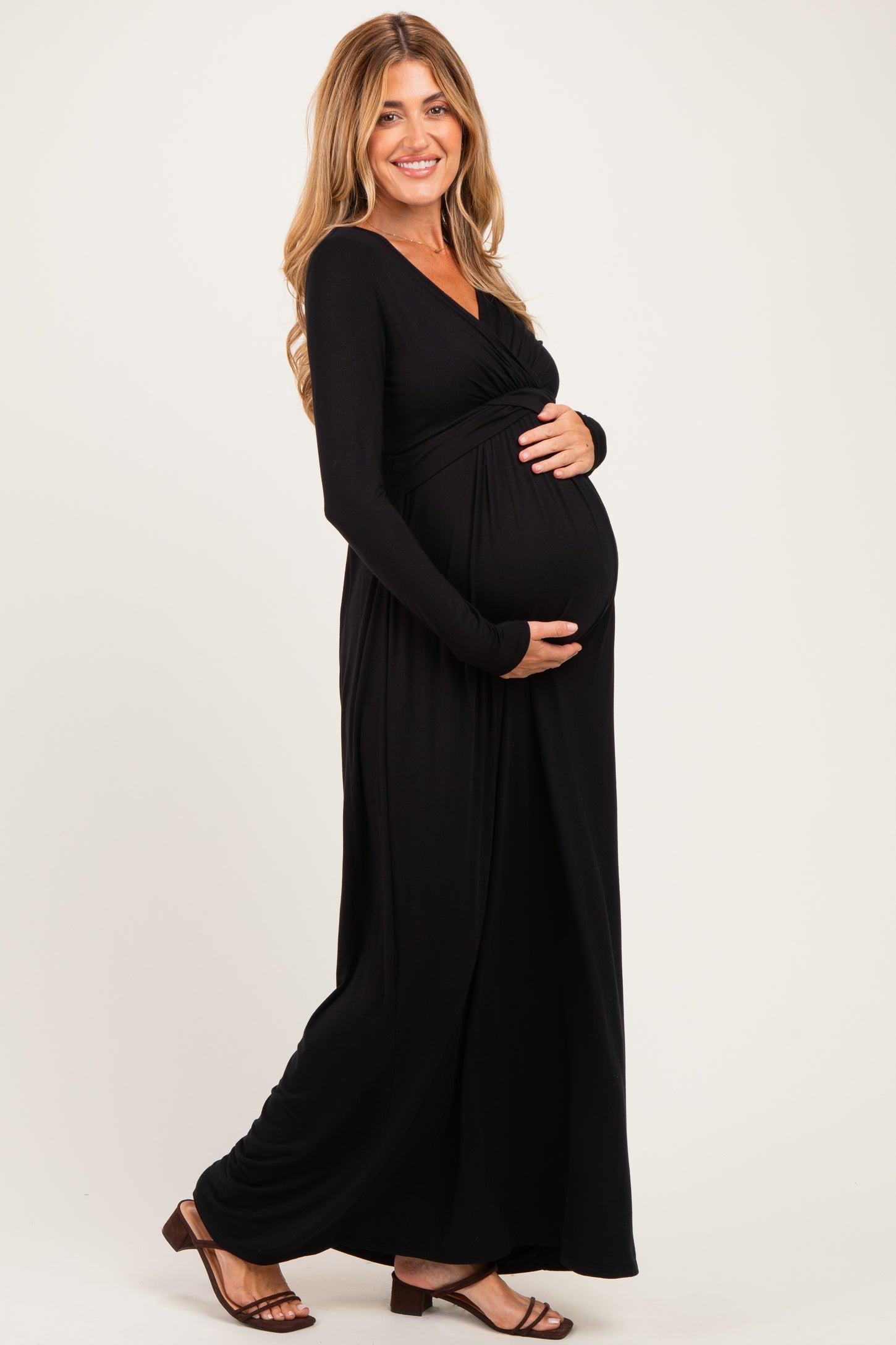 PinkBlush Black Long Sleeve Draped Maternity/Nursing Maxi Dress