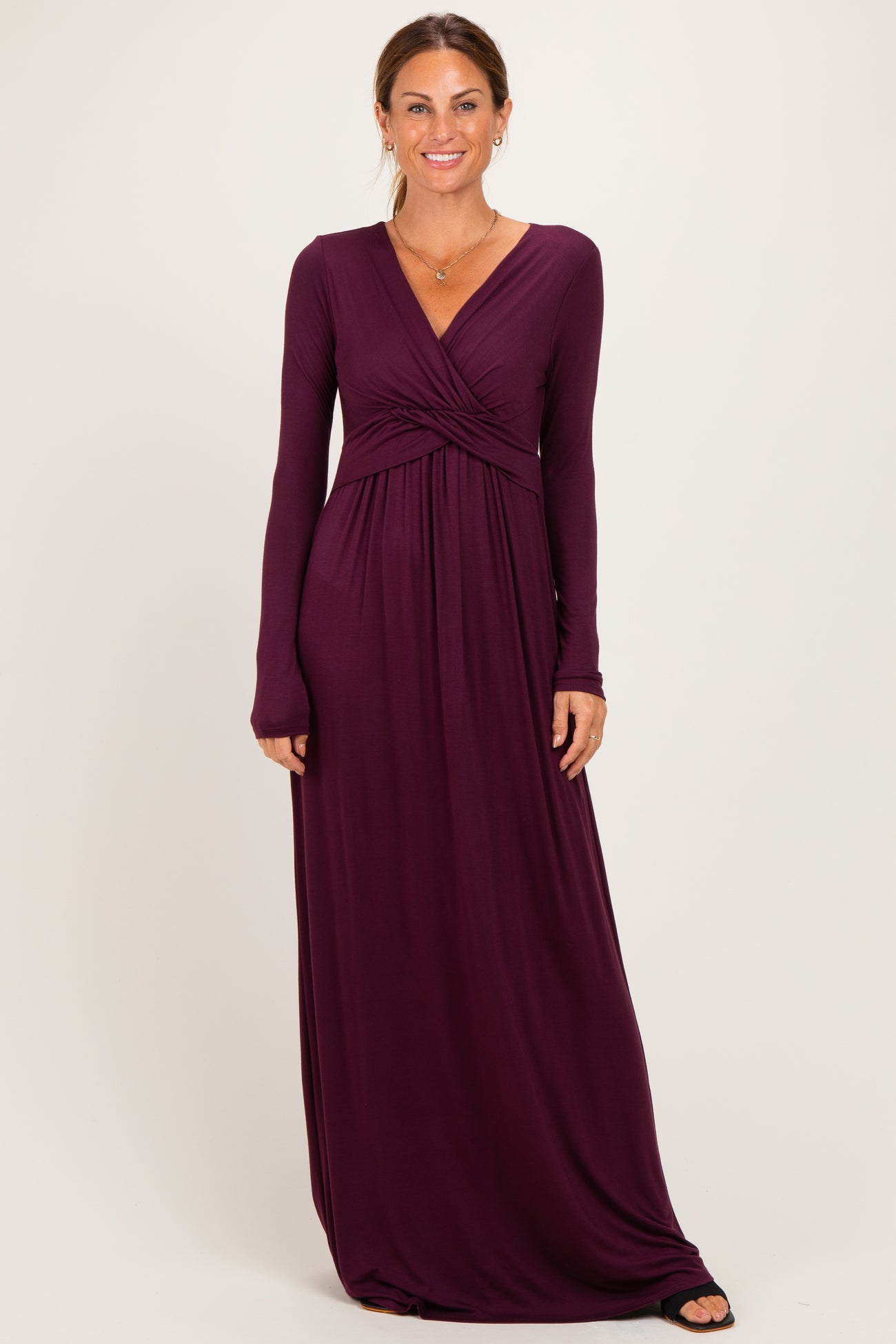 PinkBlush Burgundy Long Sleeve Draped Maternity/Nursing Maxi Dress