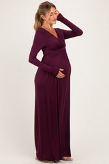 PinkBlush Burgundy Long Sleeve Draped Maternity/Nursing Maxi Dress