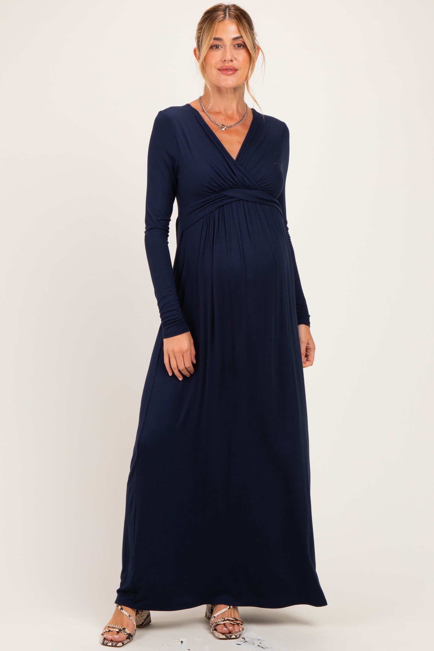 PinkBlush Navy Long Sleeve Draped Maternity/Nursing Maxi Dress