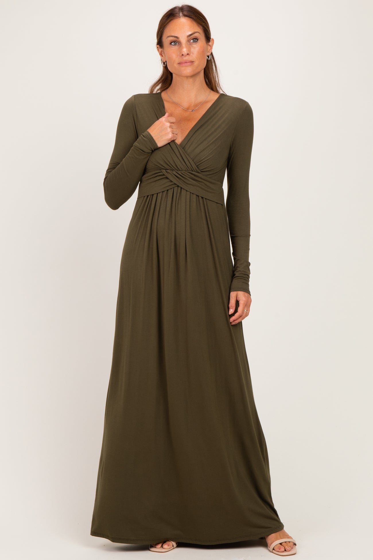 PinkBlush Olive Long Sleeve Draped Maternity/Nursing Maxi Dress