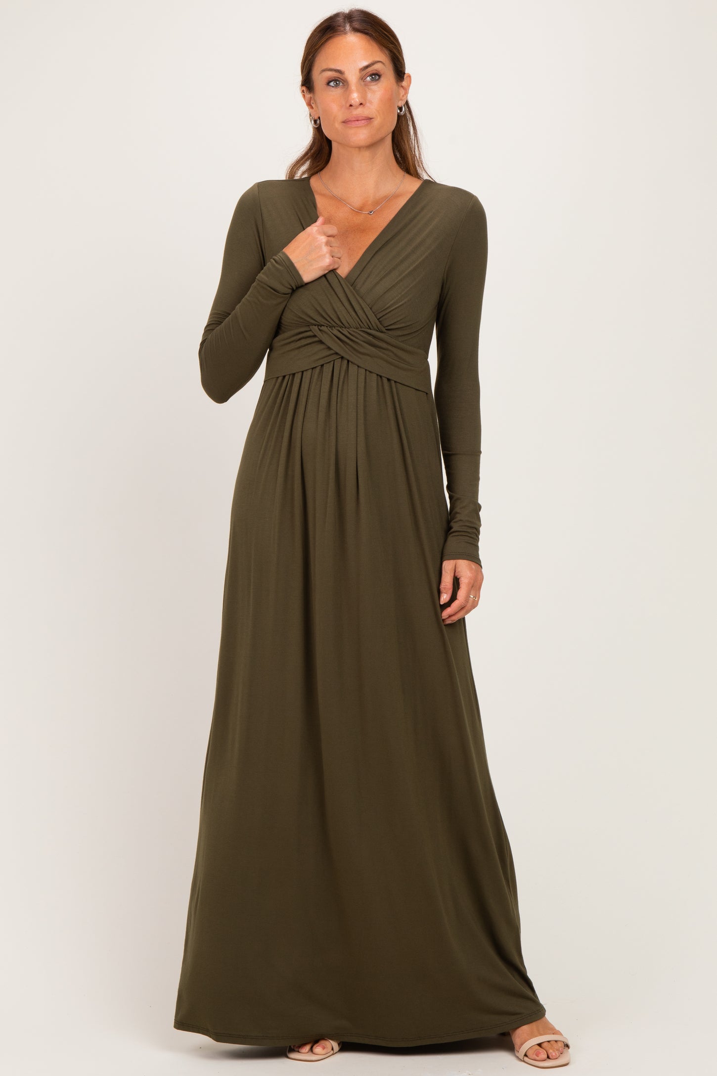 PinkBlush Olive Long Sleeve Draped Maternity/Nursing Maxi Dress