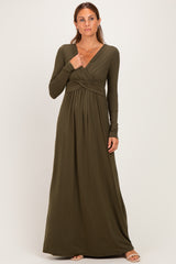 PinkBlush Olive Long Sleeve Draped Maternity/Nursing Maxi Dress