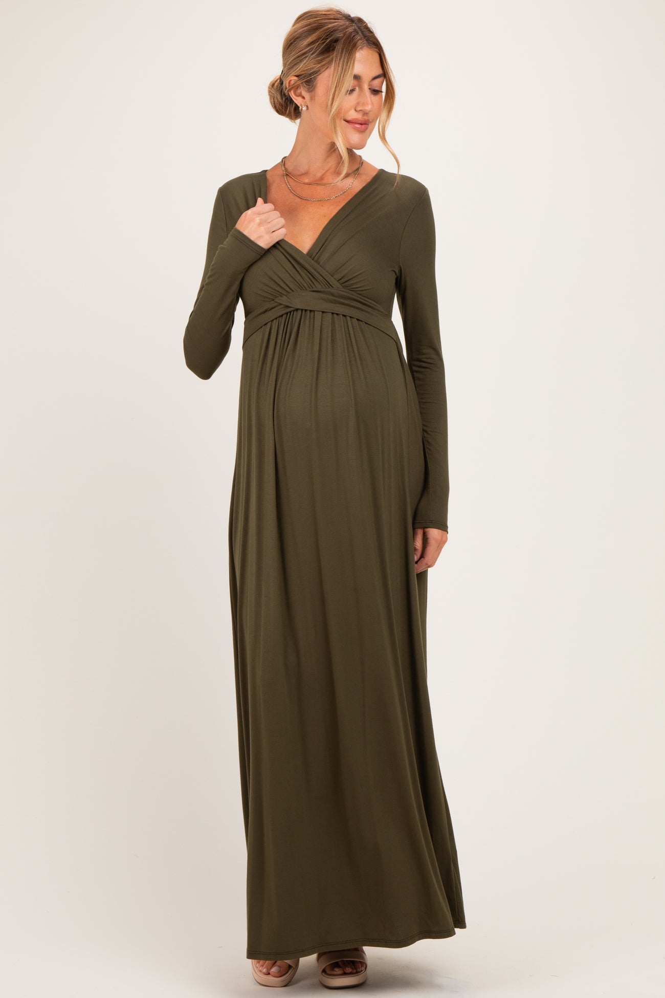 PinkBlush Olive Long Sleeve Draped Maternity/Nursing Maxi Dress
