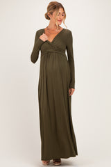 PinkBlush Olive Long Sleeve Draped Maternity/Nursing Maxi Dress