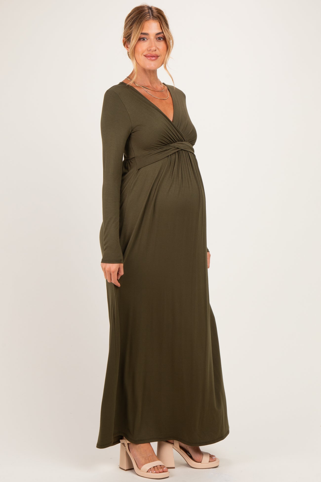 PinkBlush Olive Long Sleeve Draped Maternity/Nursing Maxi Dress