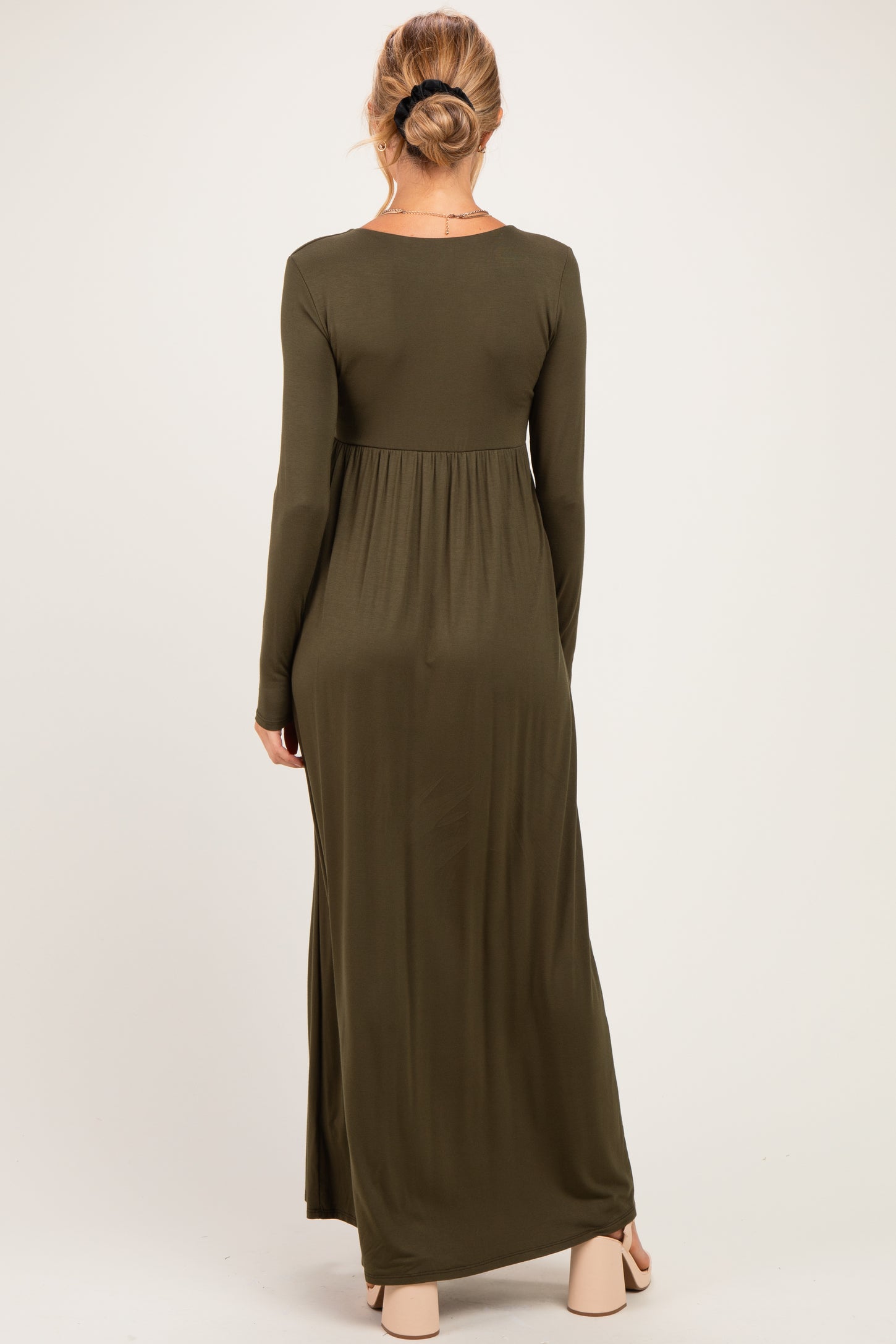 PinkBlush Olive Long Sleeve Draped Maternity/Nursing Maxi Dress