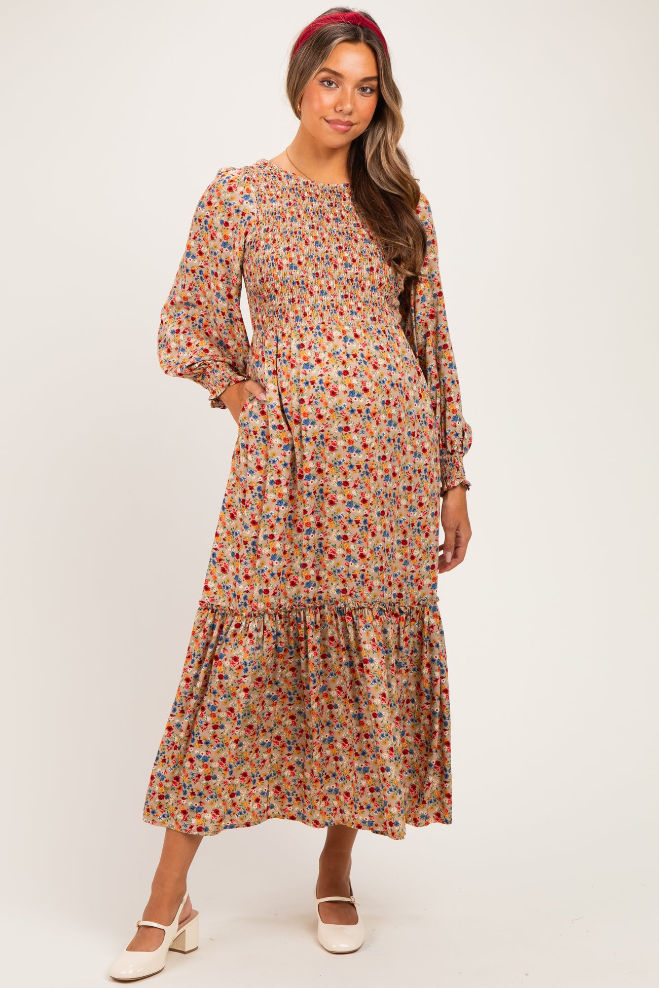 Taupe Floral Smocked Long Sleeve Maternity Midi Dress