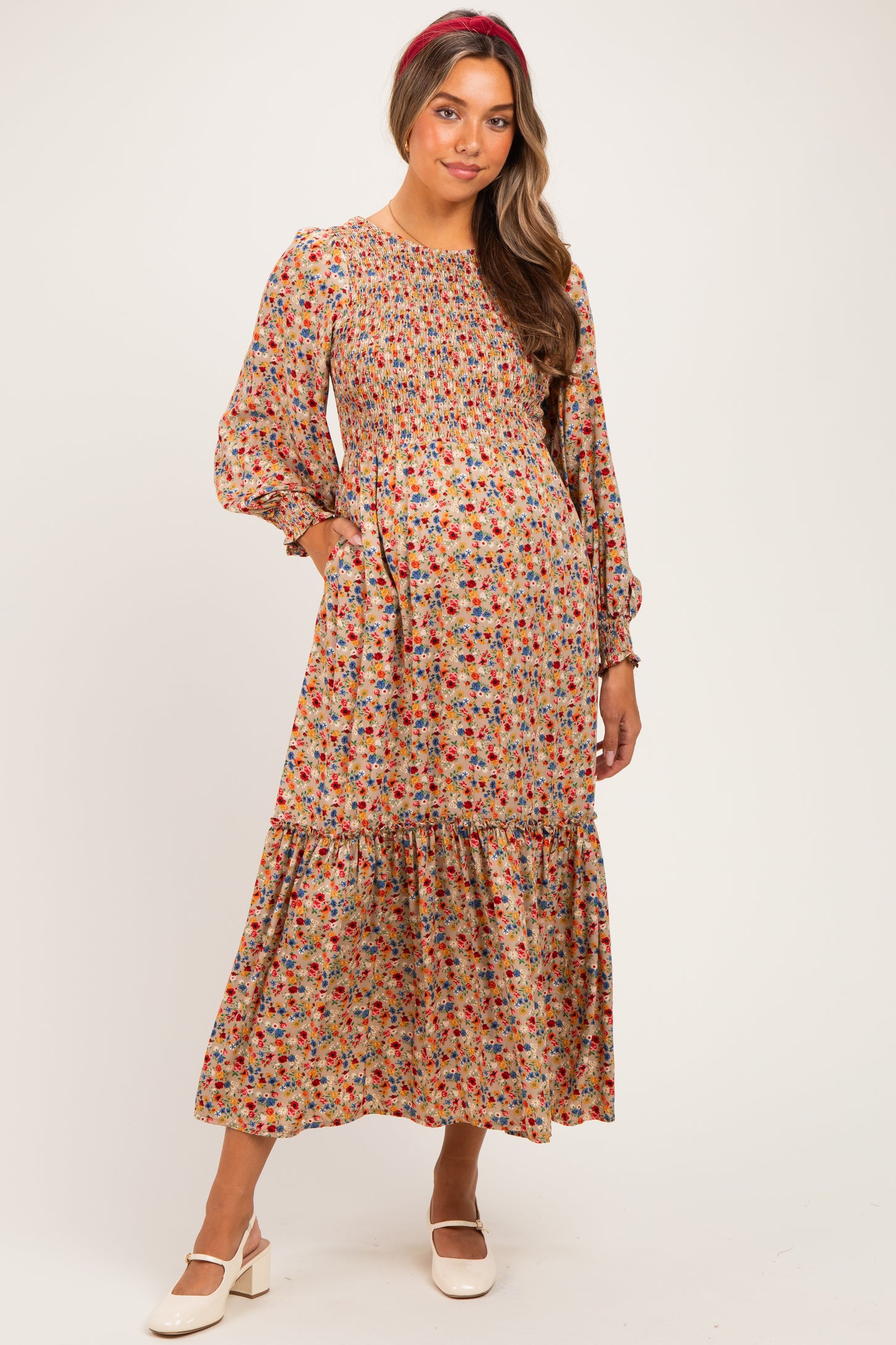 Taupe Floral Smocked Long Sleeve Maternity Midi Dress