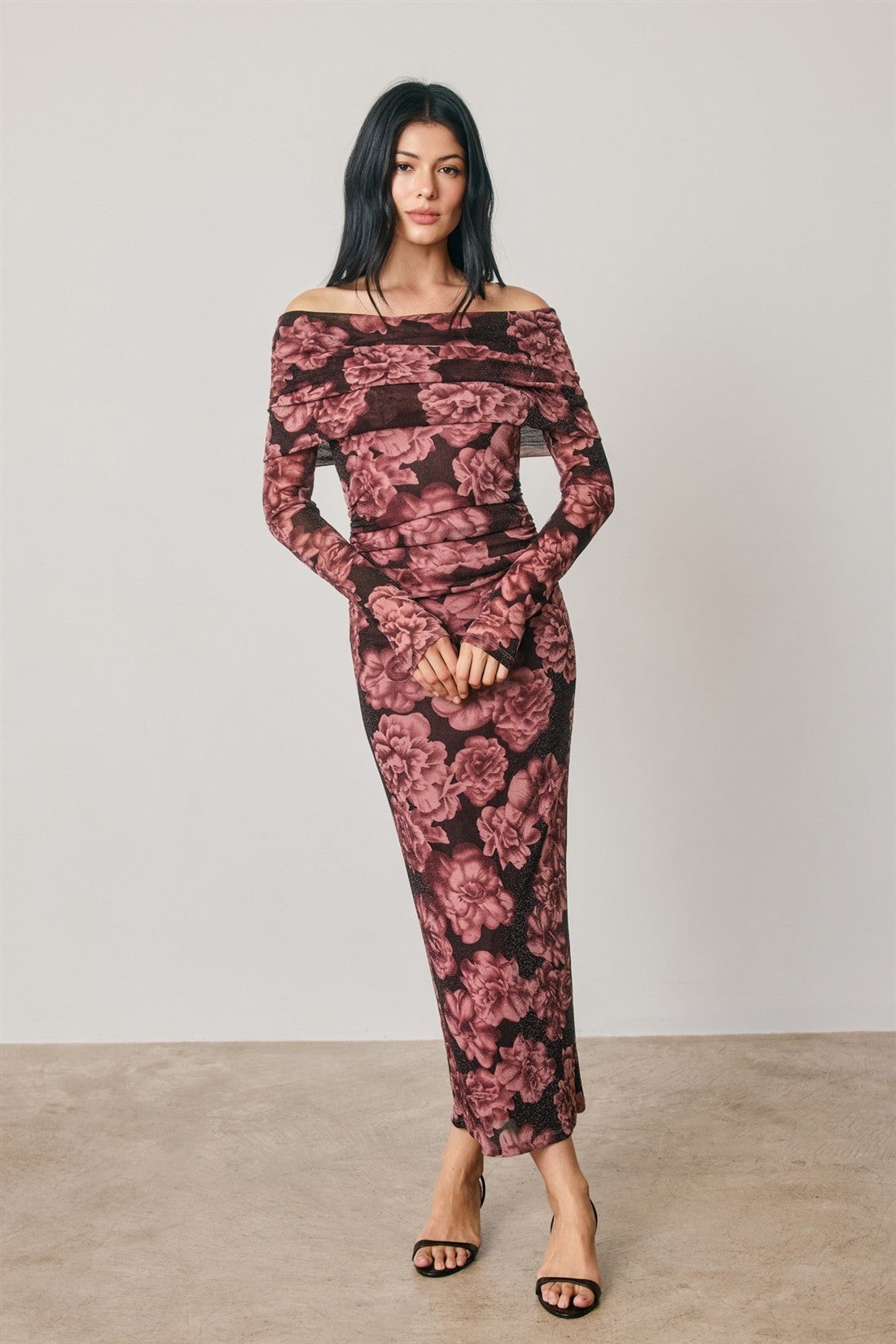 Mauve Floral Off Shoulder Maternity Maxi Dress