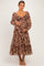 Coffee Paisley Smocked Long Sleeve Maternity Midi Dress