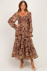 Coffee Paisley Smocked Long Sleeve Maternity Midi Dress