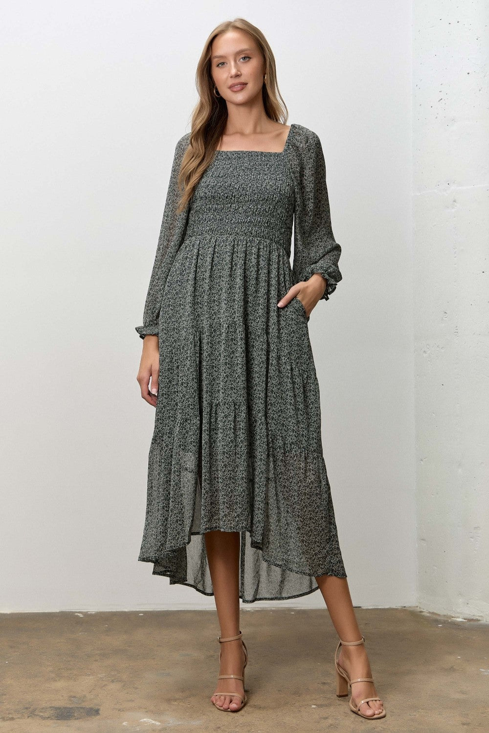 Hunter Green Floral Smocked Long Sleeve Midi Dress