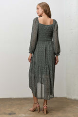 Hunter Green Floral Smocked Long Sleeve Midi Dress