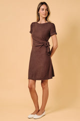 Brown Ribbed Short Sleeve Side Tie Maternity Mini Dress