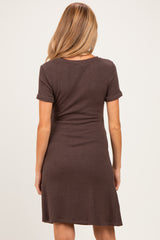 Brown Ribbed Short Sleeve Side Tie Maternity Mini Dress