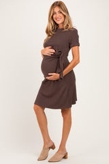 Brown Ribbed Short Sleeve Side Tie Maternity Mini Dress