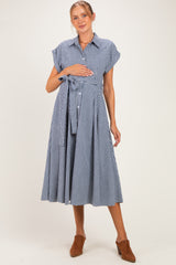 Navy Gingham Button Down Tie Waist Maternity Shirt Dress